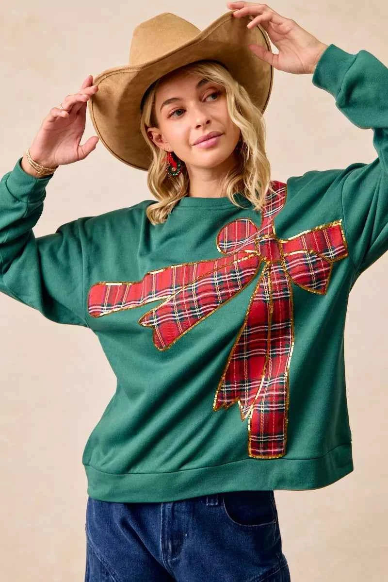 BiBi Plaid Ribbon Bow Detail Christmas Fleece Pullover 802f38c92a2a4fbb851e41b7fd07db9a-Max-Origin
