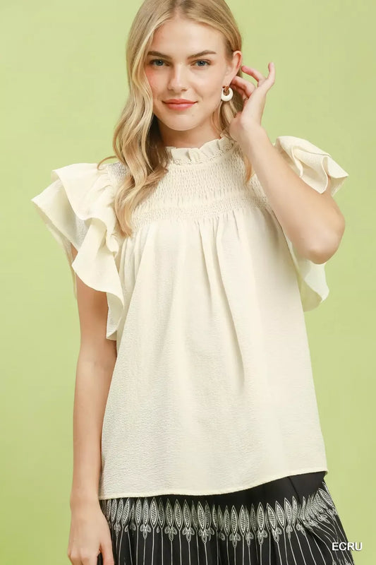 Smocked Ruffle Sleeve Textured Top ECRU 802f5d54-e0a1-4a3b-a5df-fe1d5316efd6-Max-Origin