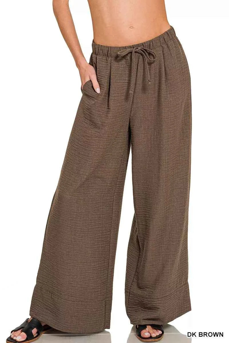 Zenana Woven Airflow Drawstring Pants DK BROWN 8031ca7d24ec4f57b6a2d77b000c7847-Max-Origin