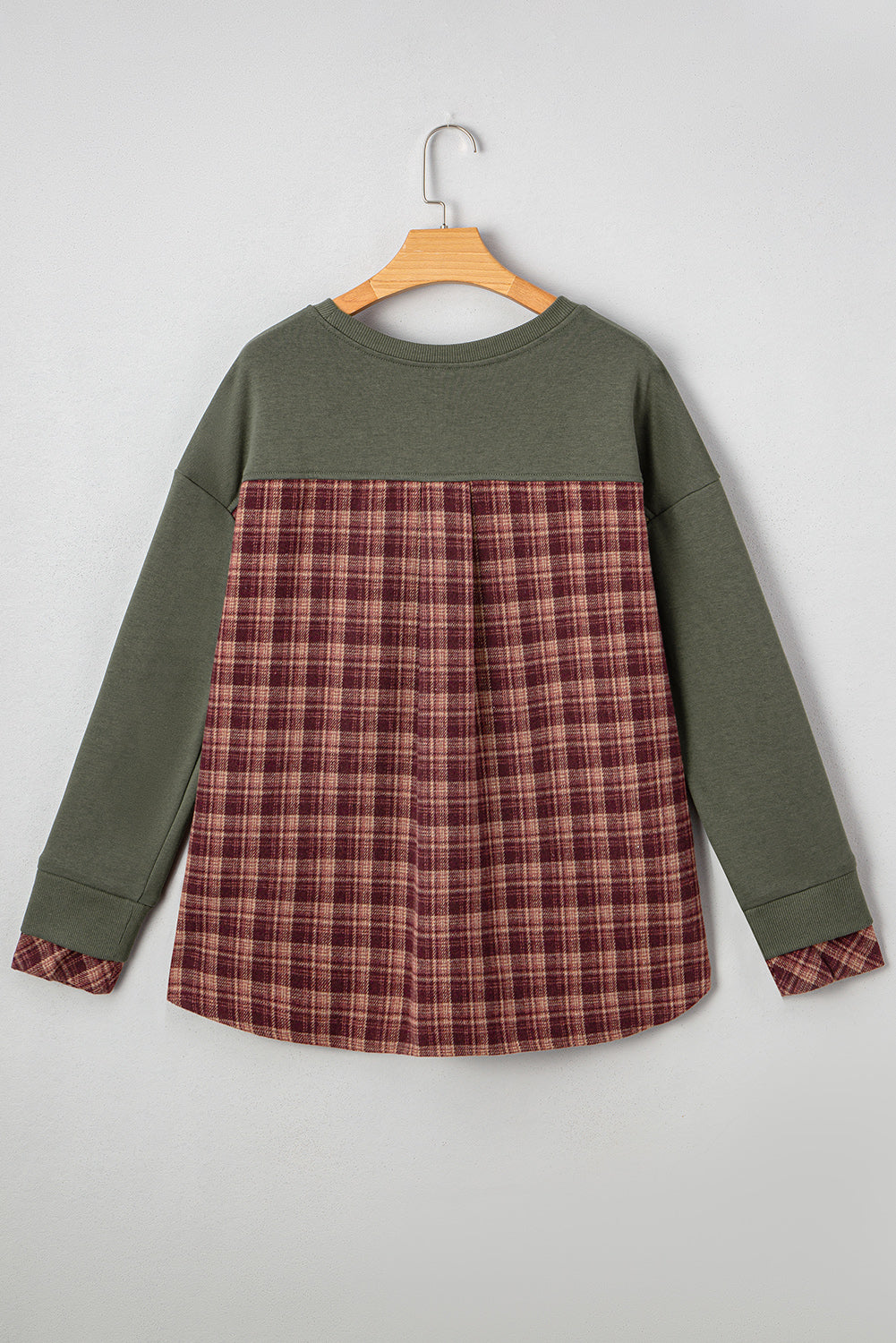 Moss Green Vintage Plaid Patchwork Drop Shoulder Sweatshirt 8034e35117ab7356
