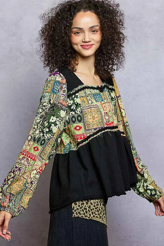 Balloon Sleeve Peplum Blouse with Trim Detail 8036e95b-8042-4944-b20a-86f8735d2c08-Max-Origin