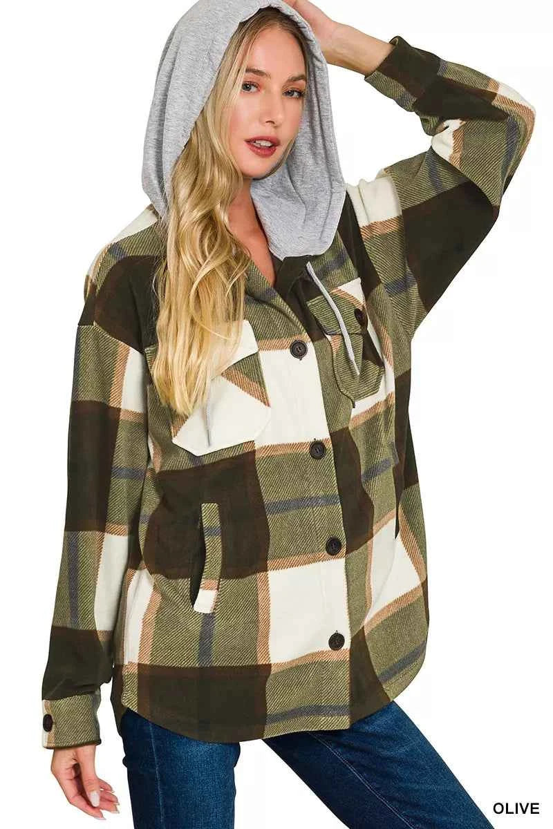 Zenana Plaid Drawstring Hooded Fleece Shacket 80396f546a024a338c15844baa3f6c4a-Max-Origin