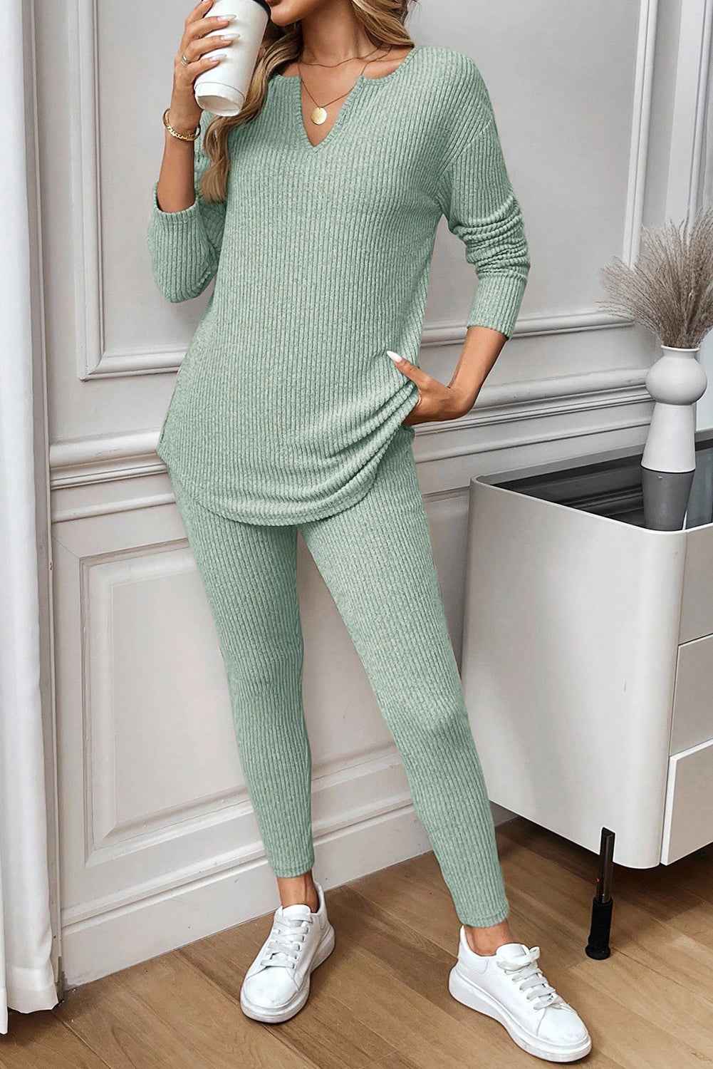 Racing Red Ribbed Notched Neck Knit Long Sleeve Leggings Two Pieces Lounge Set 8039ac42c1d71928