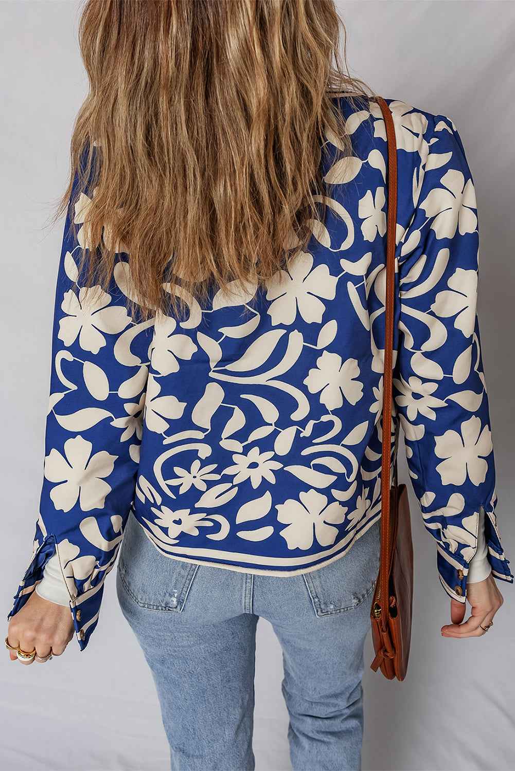 Blue Flower Print Open Front Buttoned Cuffs Jacket 803b21714e1f6905