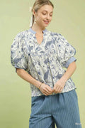 Umgee Mixed Print Puff Sleeve Split Neck Top BLUE 8041f8cf-0957-4e9f-a845-449e32f29e1d-Max-Origin
