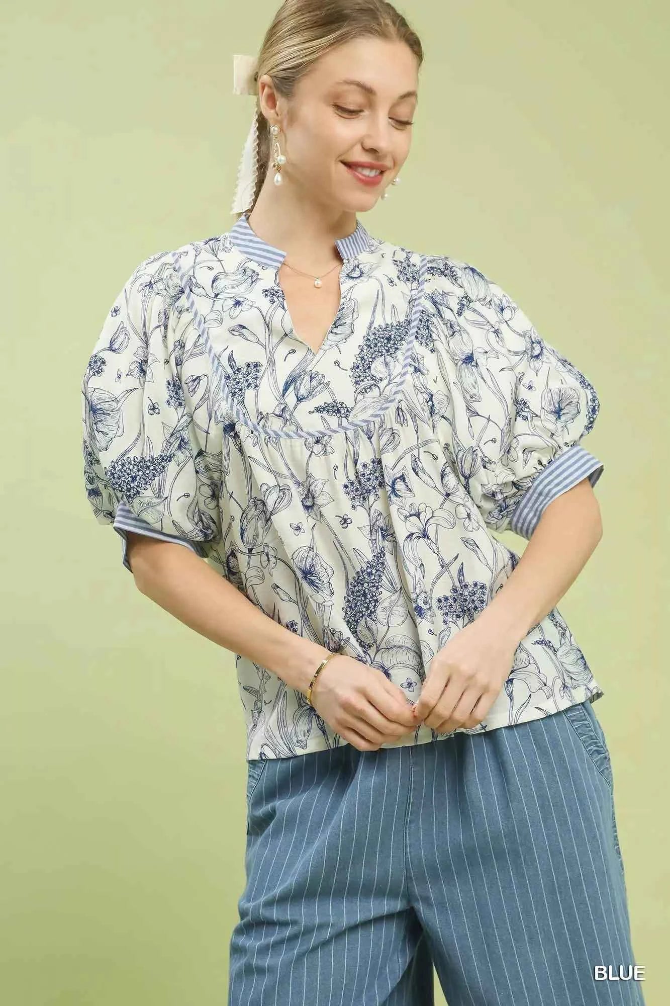 Mixed Print Puff Sleeve Split Neck Top BLUE 8041f8cf-0957-4e9f-a845-449e32f29e1d-Max-Origin