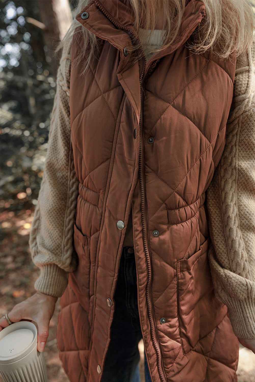 Coffee Puffer Quilted Stand Collar Pocketed Vest Coat 804366fd5d120fec