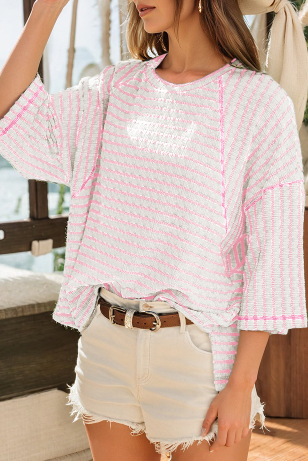 Apricot Stripe Textured Knit Split Hem Half Sleeve Loose Top 804f6402f8784d2f