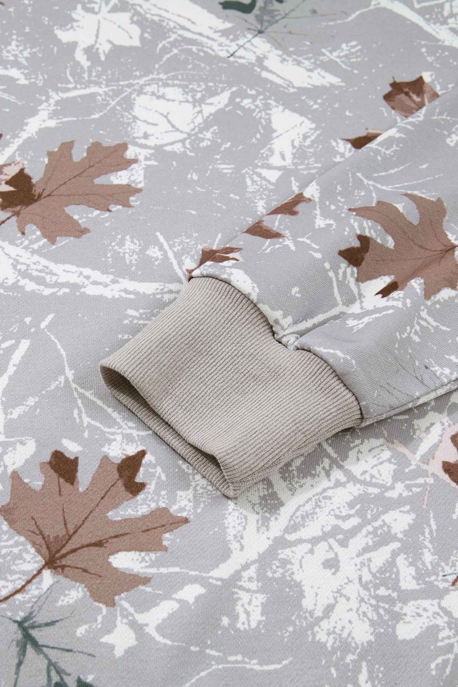 Gray Maple Leaf Camo Print Varsity Striped Sleeve Casual Sweatshirt 80510659dad37886