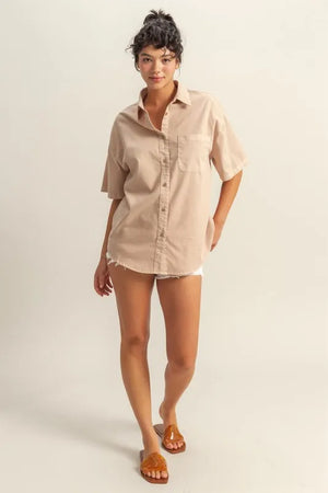Short Sleeve Button Down Oversized Shirt DARK TAUPE 80531c1f074c44bcab6ac5589b05b30a-Max-Origin