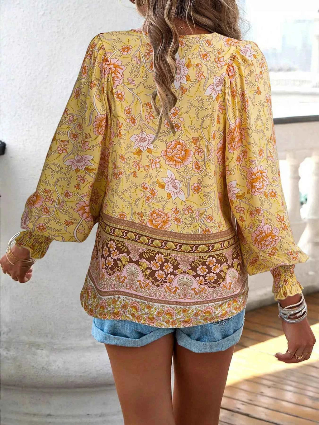 Floral Print Tie Neck Bohemian Blouse 8054805b-a421-437b-8dbc-cad689b82948-Max-Origin