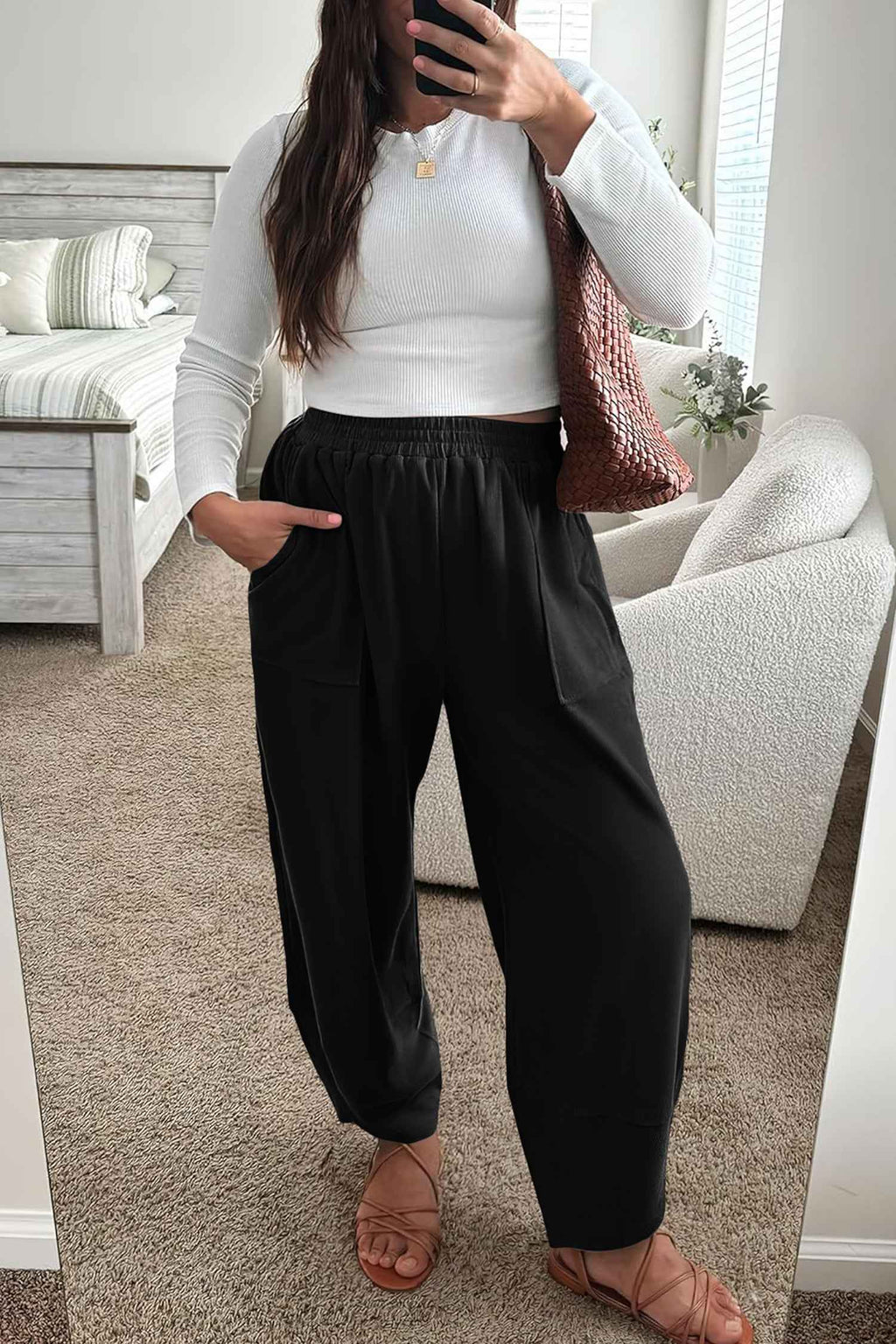 Black Plus Size Elastic Waist Asymmetrical Hem Loose Capris Pants 80549ce0c0ae8e3e