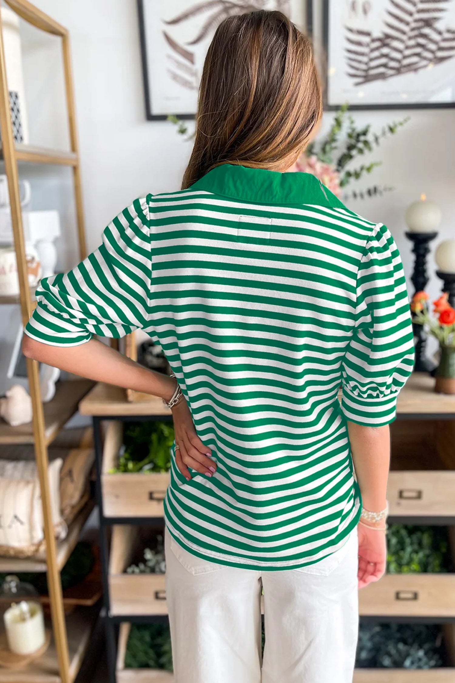 Green Stripe Collared V Neck Short Puff Sleeve Top 8054e9348054d4b7