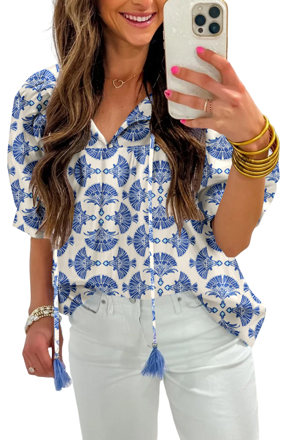 Sky Blue Geometric Print Tassel Drawstring V Neck Blouse 805721913e832708