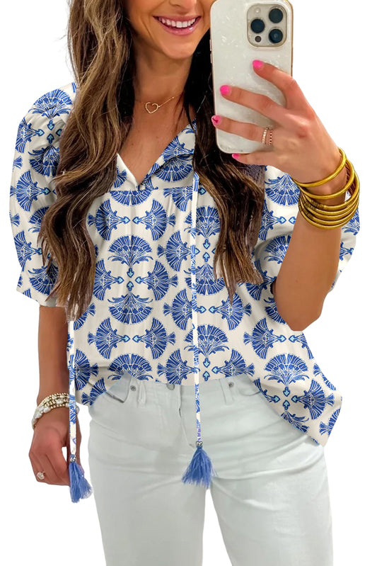 Sky Blue Geometric Print Tassel Drawstring V Neck Blouse 805721913e832708