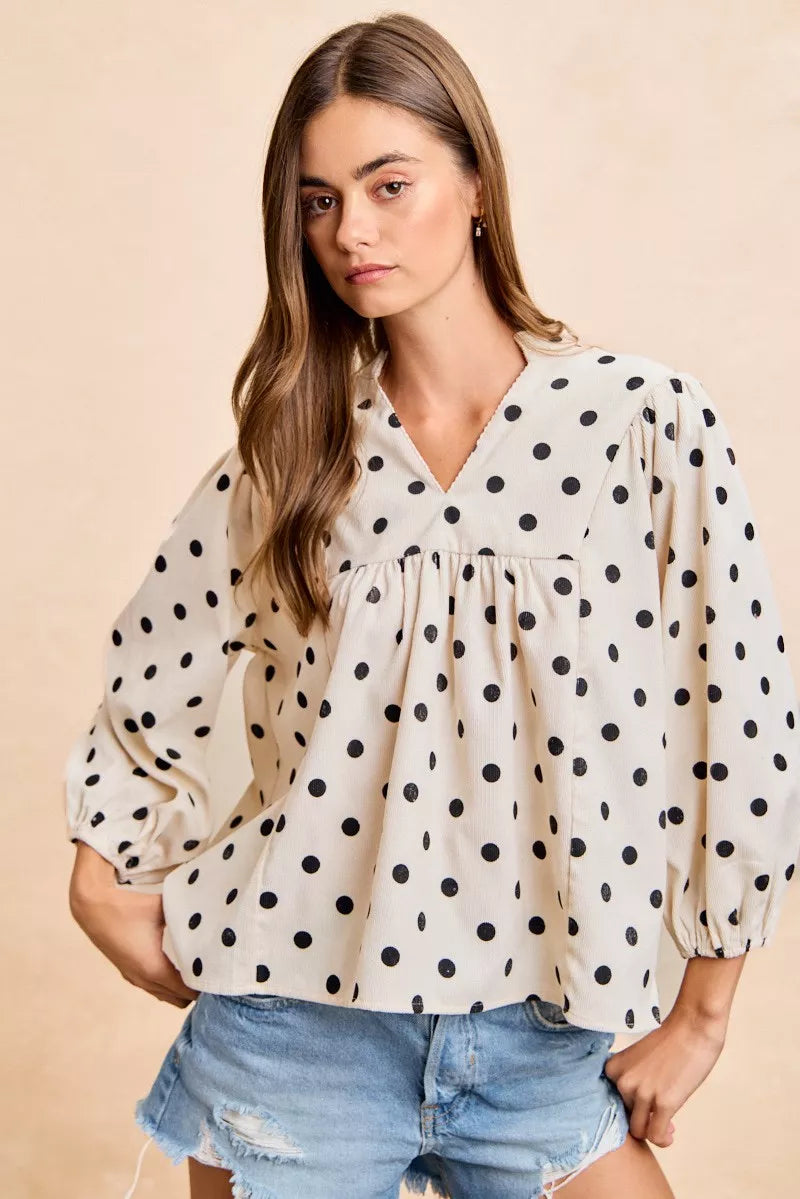 BiBi Polka Dot Corduroy Quarter Sleeves V Neck Blouse 805bf490bab946d59391519be75293be-Max-Origin