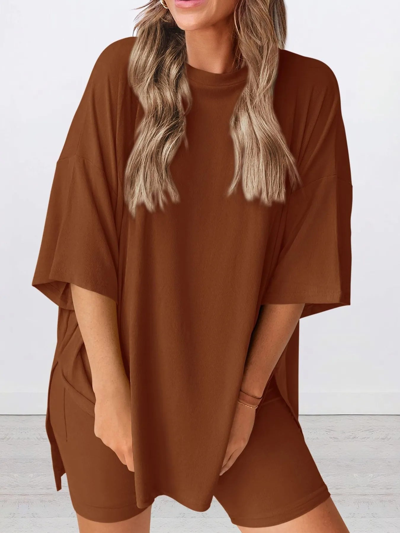 Full Size Oversized Round Neck Top and Shorts Set Plus Size Brown 805f712e486042fea68165df65af8d10-Max-Origin