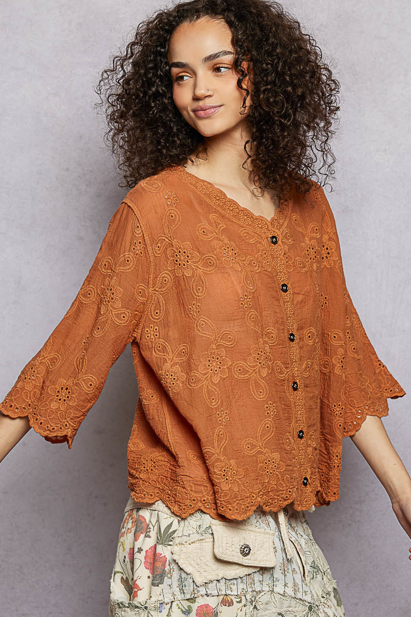 POL Floral Eyelet V-Neck Salloped Shirt 805f7cec-7190-446a-85d4-28dc394a3a41-Max