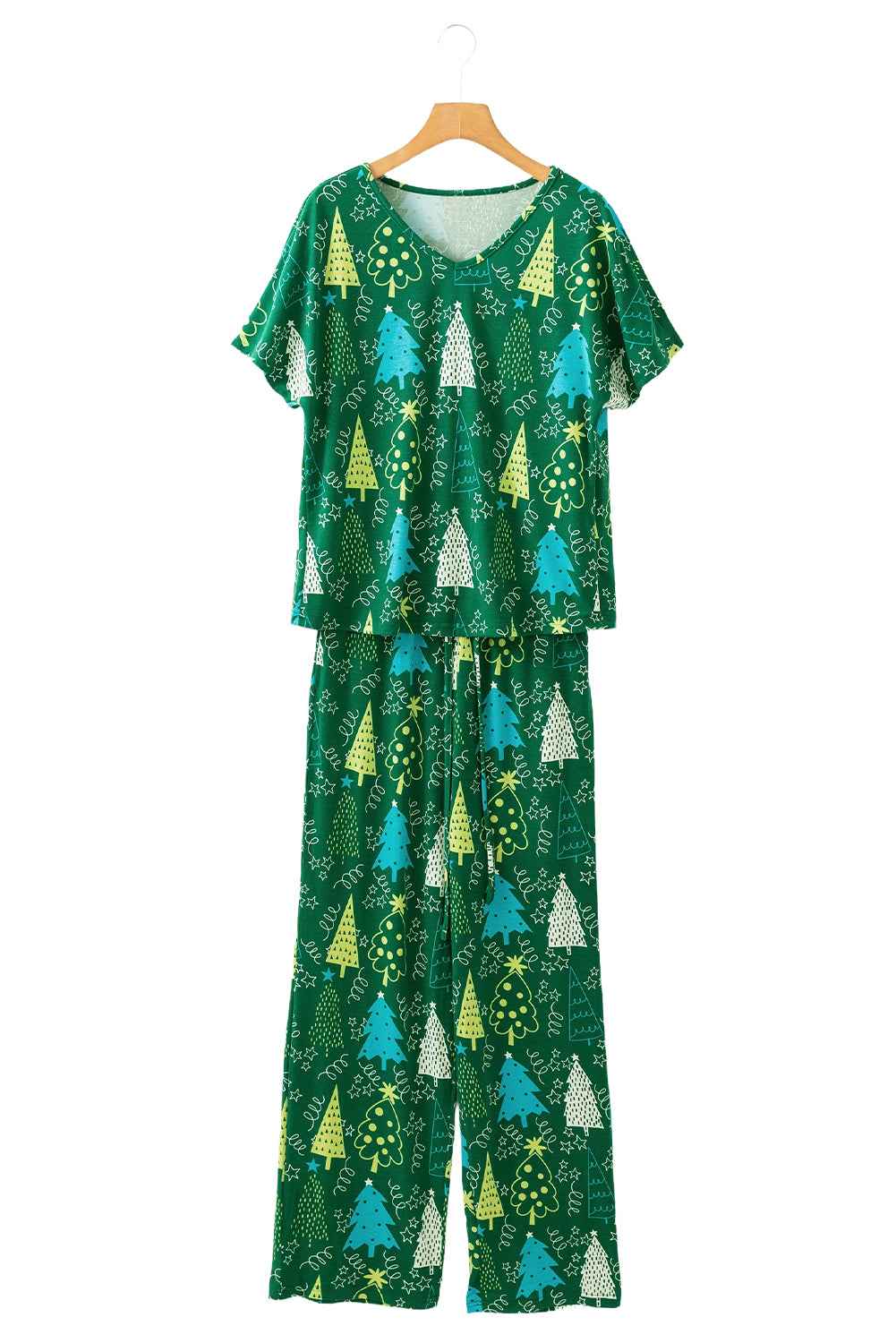Green Christmas Tree Print V Neck Tee and Pants Pajama Set 8062397b7683b930