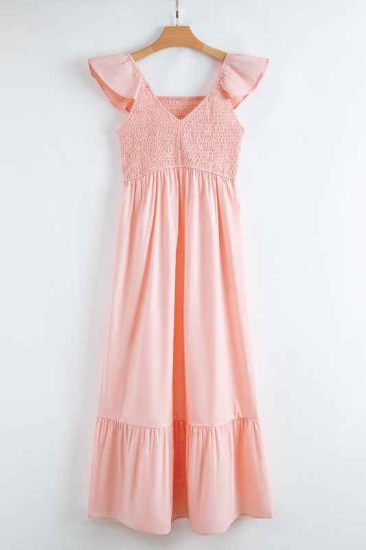 Solid V-Neck Flutter Sleeve Ruffle Maxi Dress 80685a59-b3ed-4411-aa30-36912e41a282
