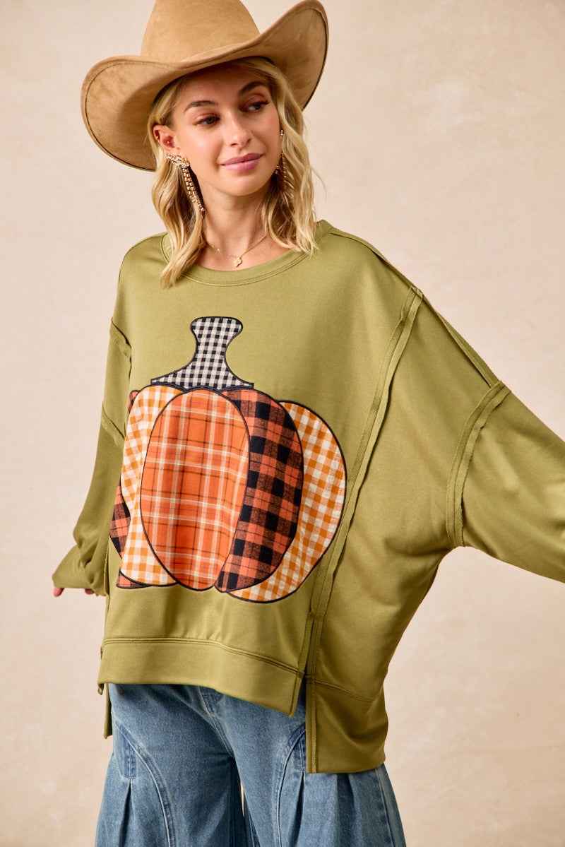 BiBi Plaid Mix Pumpkin Patchwork Cut Edge Detail Oversized French Terry Sweatshirt 806dda53-545f-42ea-b519-1878df9b3dce-Max