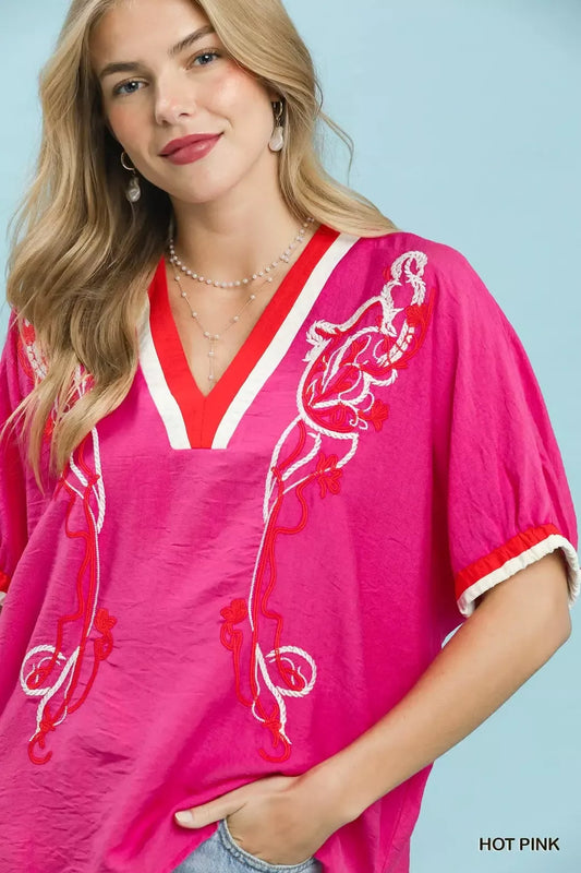 Embroidered Floral V-Neck Short Sleeve Blouse with Contrast Trim 8071050f-c7fd-47e1-adf8-ba06c7af89cd-Max-Origin