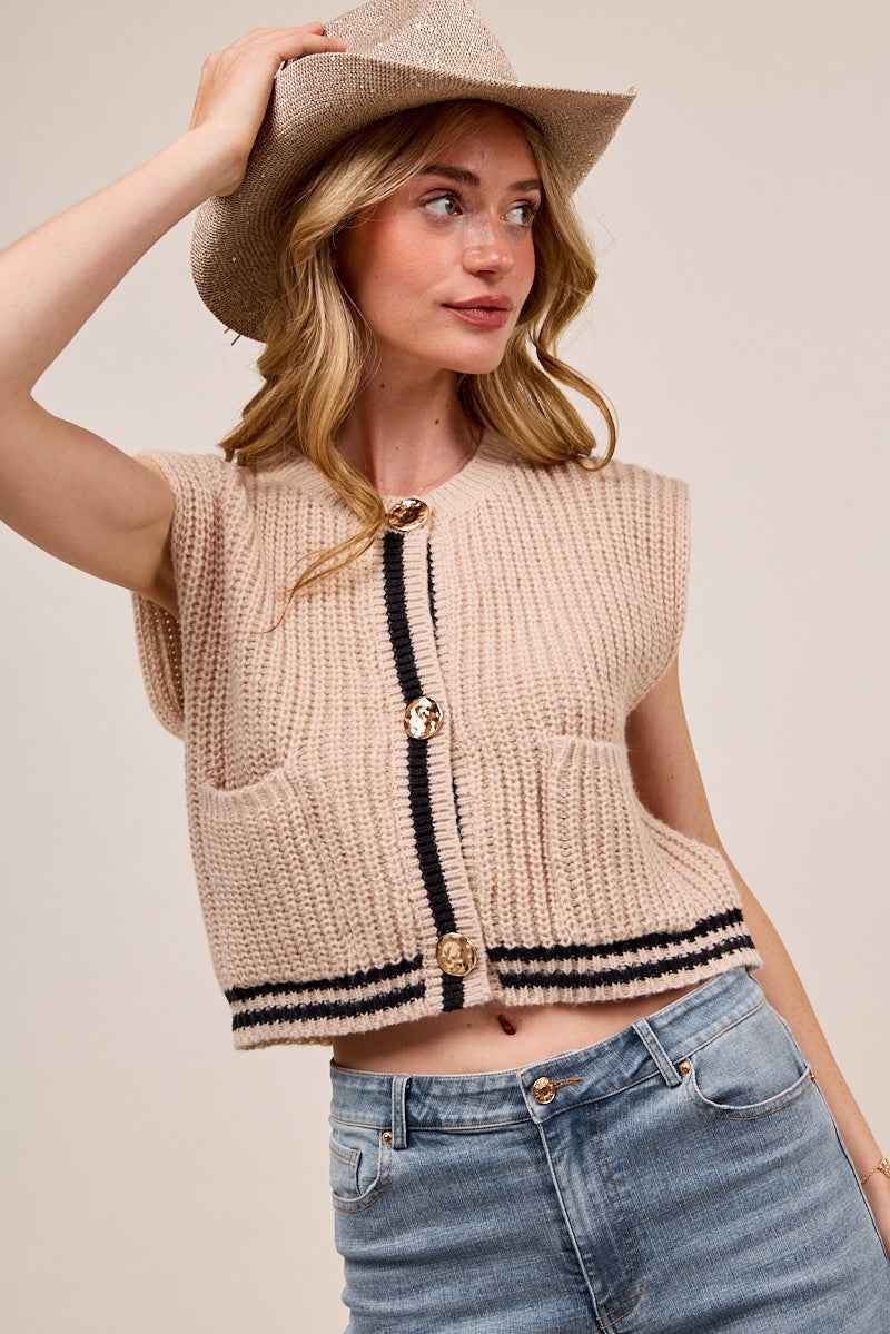 SO ME Big Metal Button Front Stripe Edge Knitted Sweater Vest 807482c0e62c4bfc9556628800783184-Max