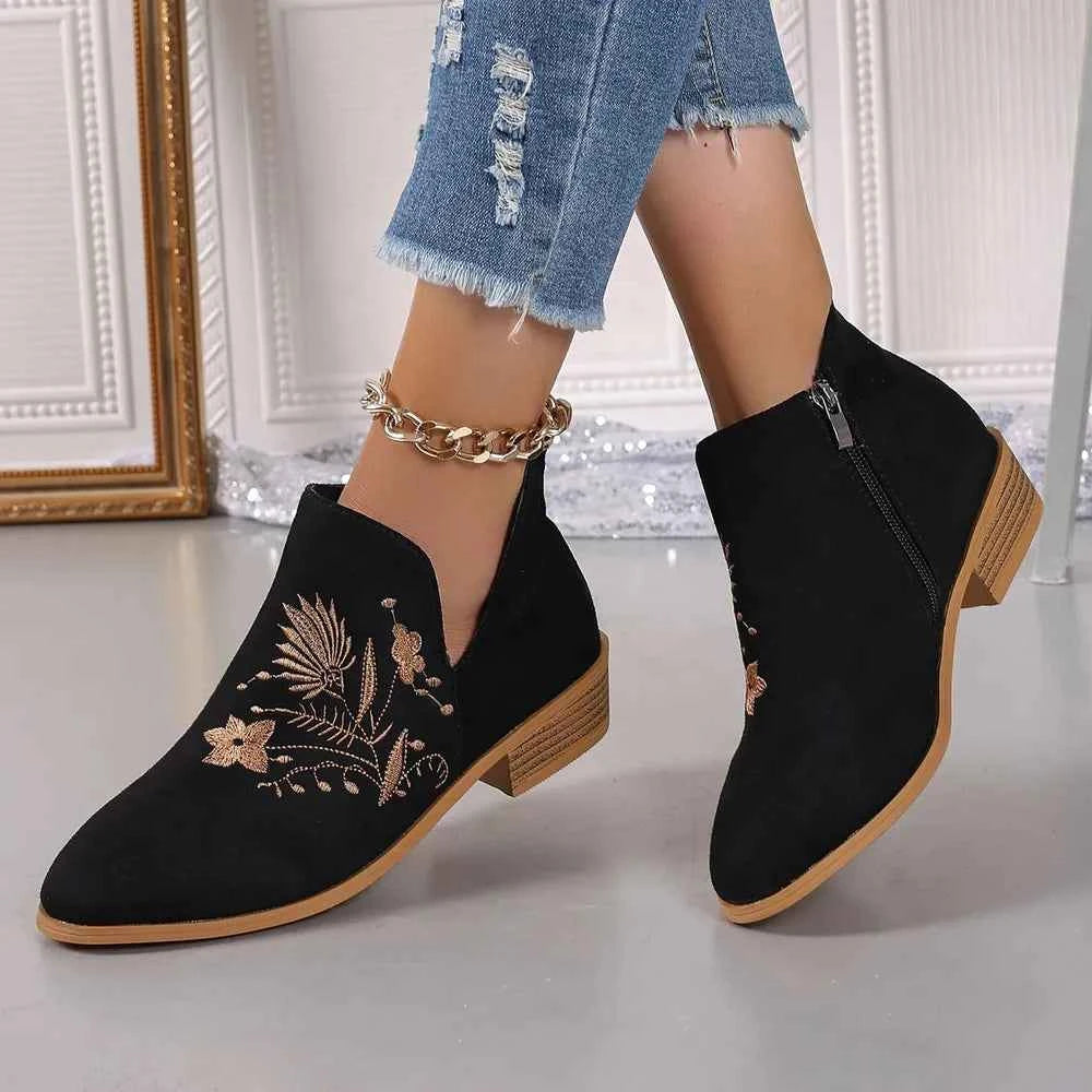 Embroidered Suede Point Toe Block Heel Boots Black 8079df16-108a-4e99-be26-d0d41105c4b7-Max