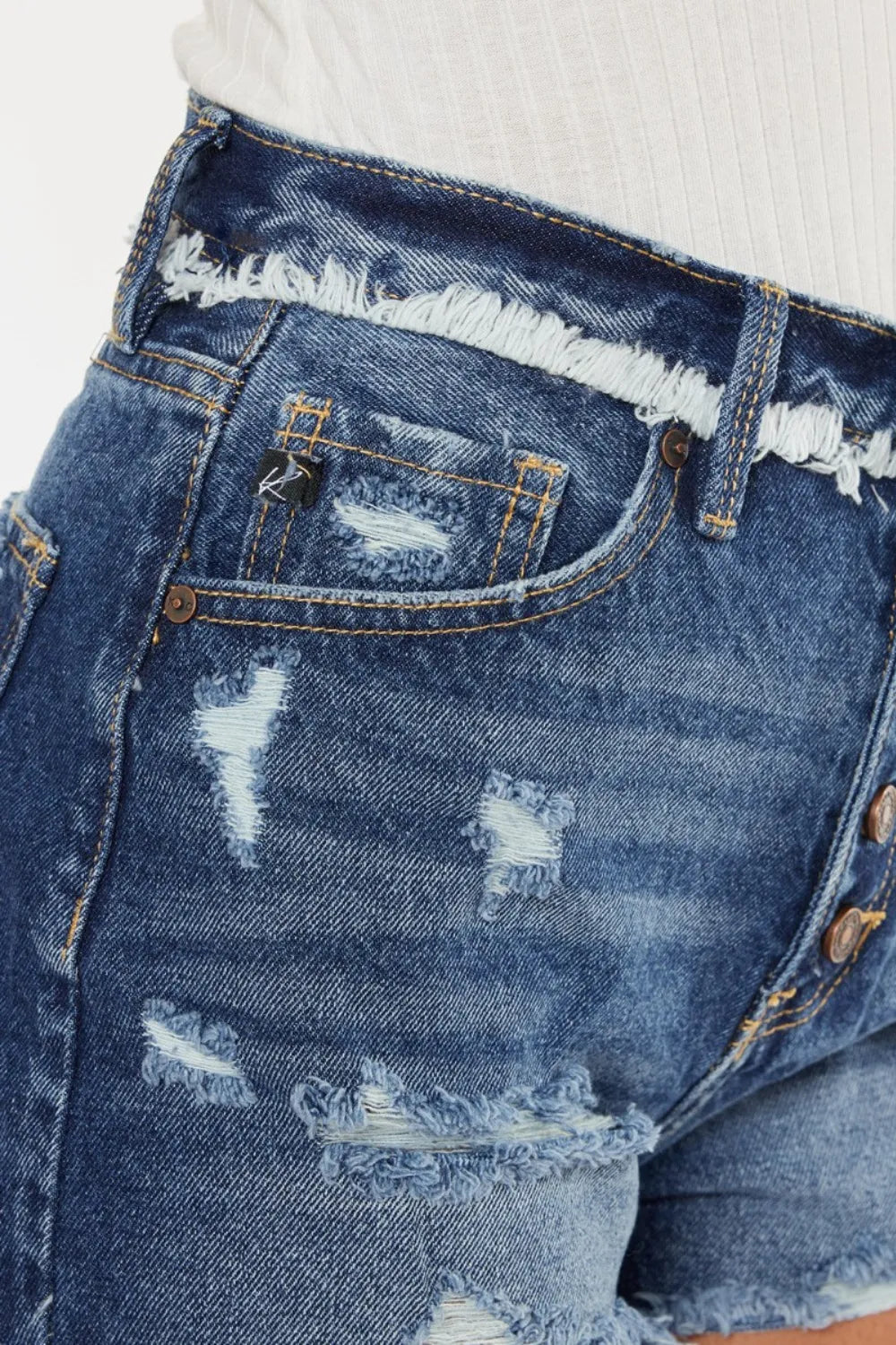 Kancan Distressed Button Fly Denim Shorts 807b639d-276e-44b1-ba90-ba6e74e4925f-Max