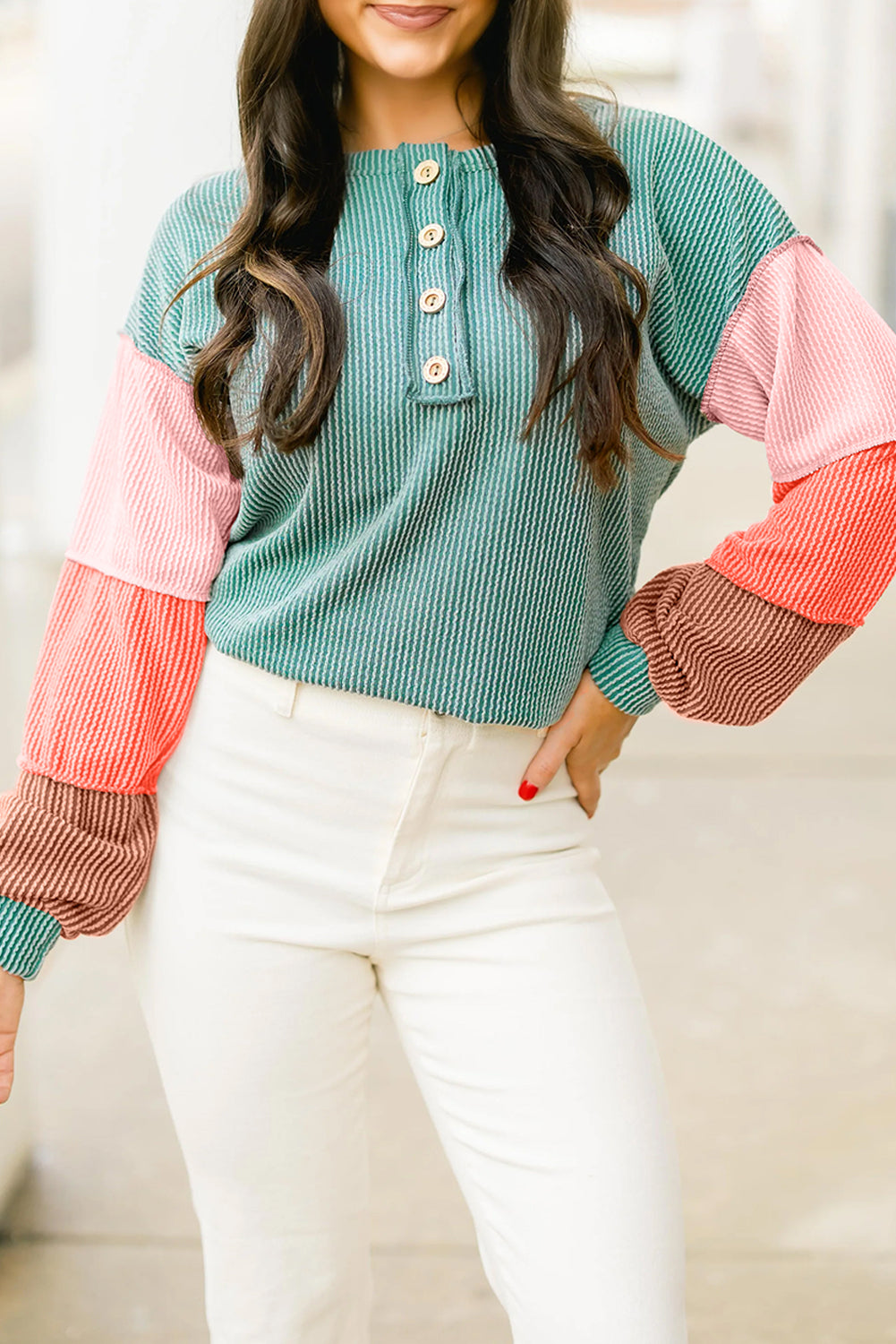 Multicolour Twisted Ribbed Colorblock Patchwork Henley Top Multicolour 75%Polyester+20%Viscose+5%Elastane 807deb3b2ca55982