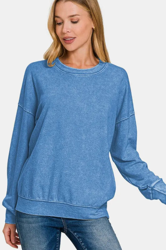 Zenana Washed Round Neck Dropped Shoulder Sweatshirt 8080b11f-6ac7-478f-b0e0-f07282fac09b-Max