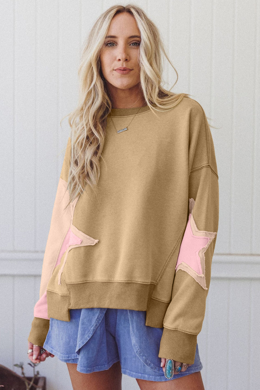 Rose Pink Star Patchwork Exposed Seam Uneven Hem Sweatshirt 80810b9299b38016