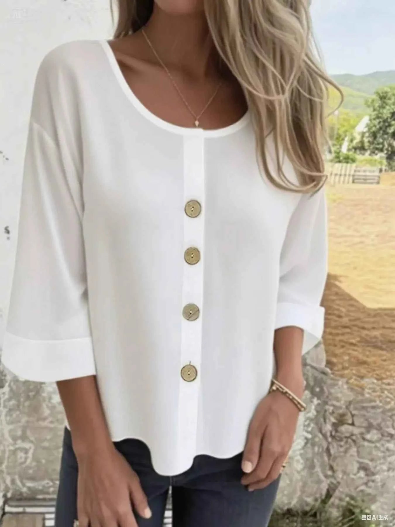 Full Size Button-Front 3/4 Sleeve Casual Blouse Plus Size White 8081dbcb5e7746cc84a3ec5bb43b2137-Max-Origin