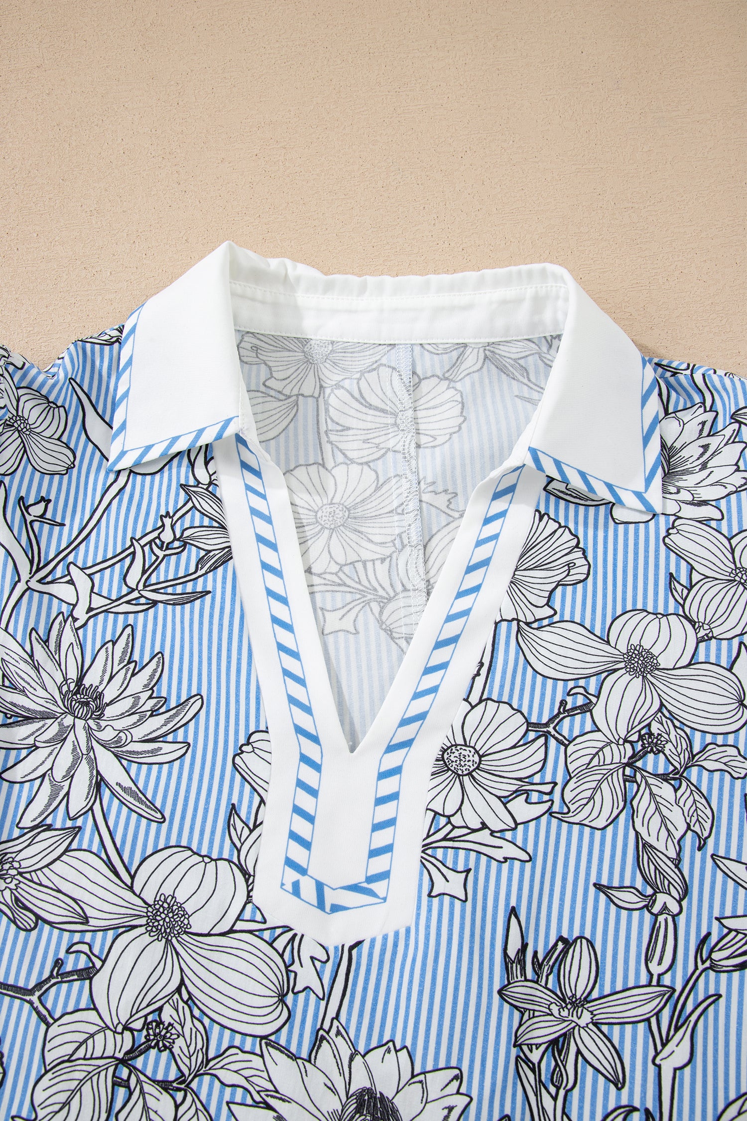 Sky Blue Floral Striped Printed Polo Collar Short Sleeve Blouse 80872f851a841c19