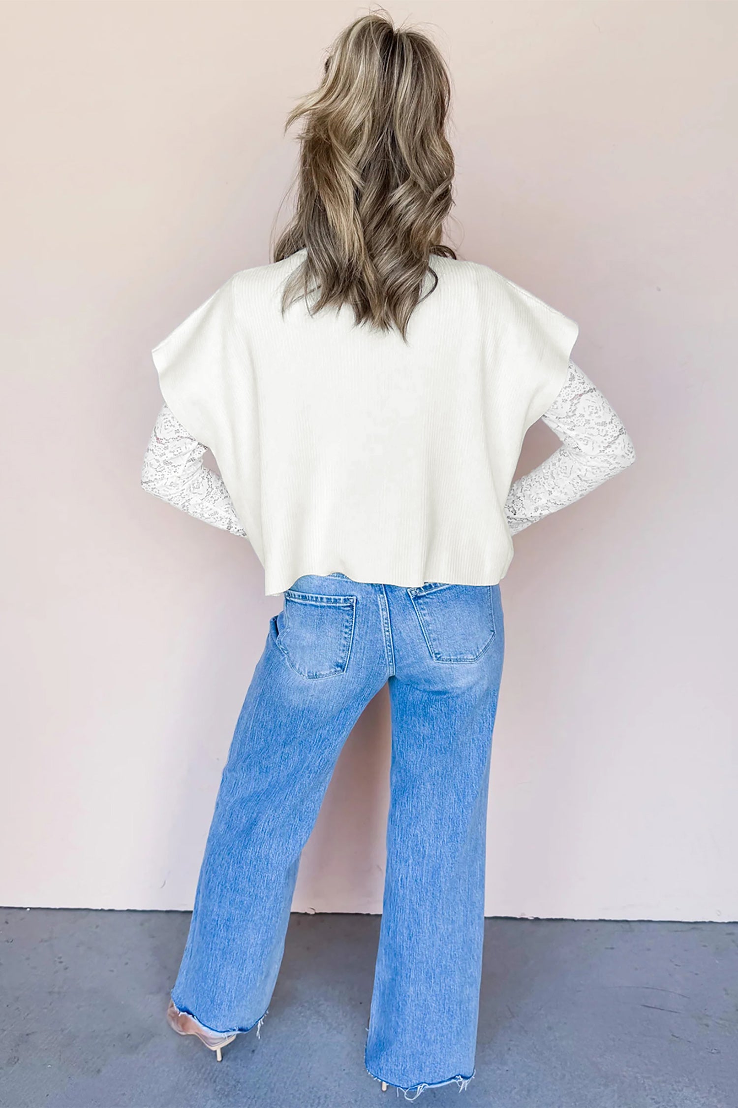 White Solid Color Ribbed Knit Mock Neck Loose Short Sleeve Sweater 80888bf04804f3be