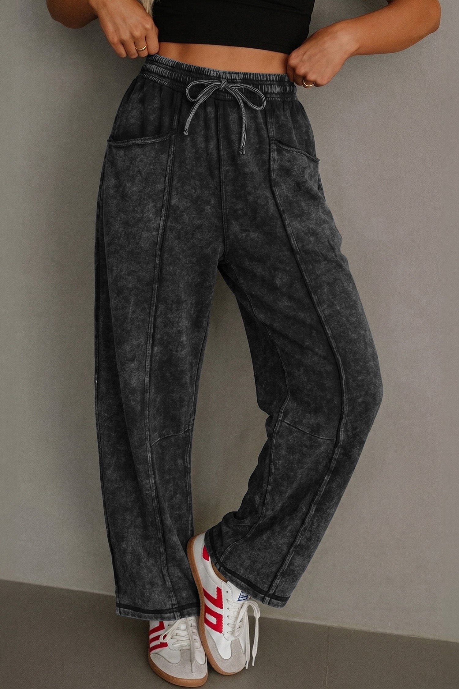 Black Mineral Wash Raw Seam Drawstring Elastic Waist Barrel Pants Black 80%Cotton+20%Polyester 8089ffeeb7e348ba