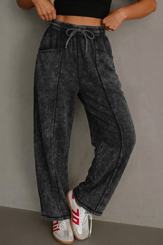 Black Mineral Wash Raw Seam Drawstring Elastic Waist Barrel Pants Black 80%Cotton+20%Polyester 8089ffeeb7e348ba