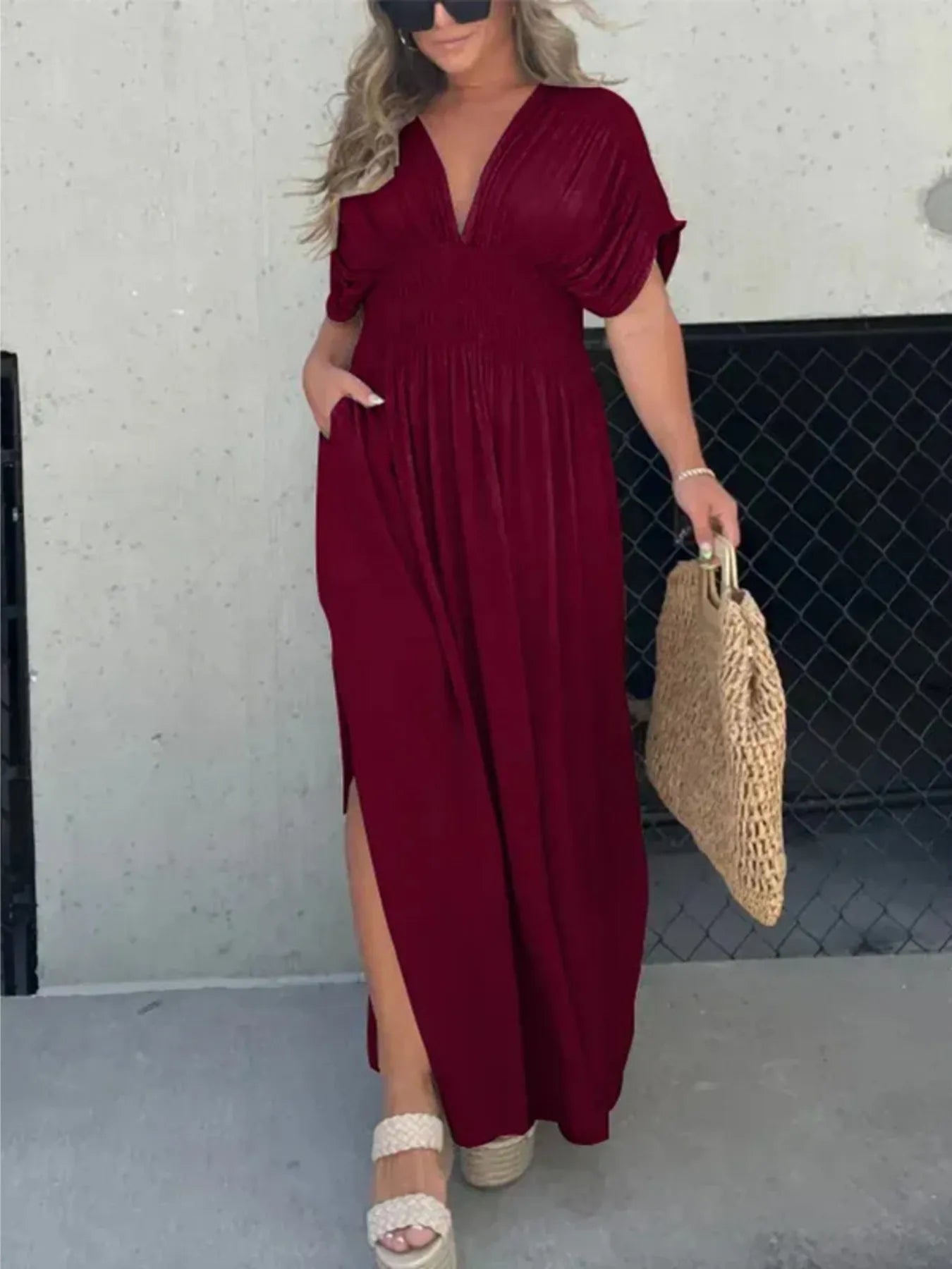 Full Size Deep V-Neck Maxi Dress with Side Slit Plus Size Burgundy 808b7dba08a64cd3b8eb40355dc575f7-Max-Origin