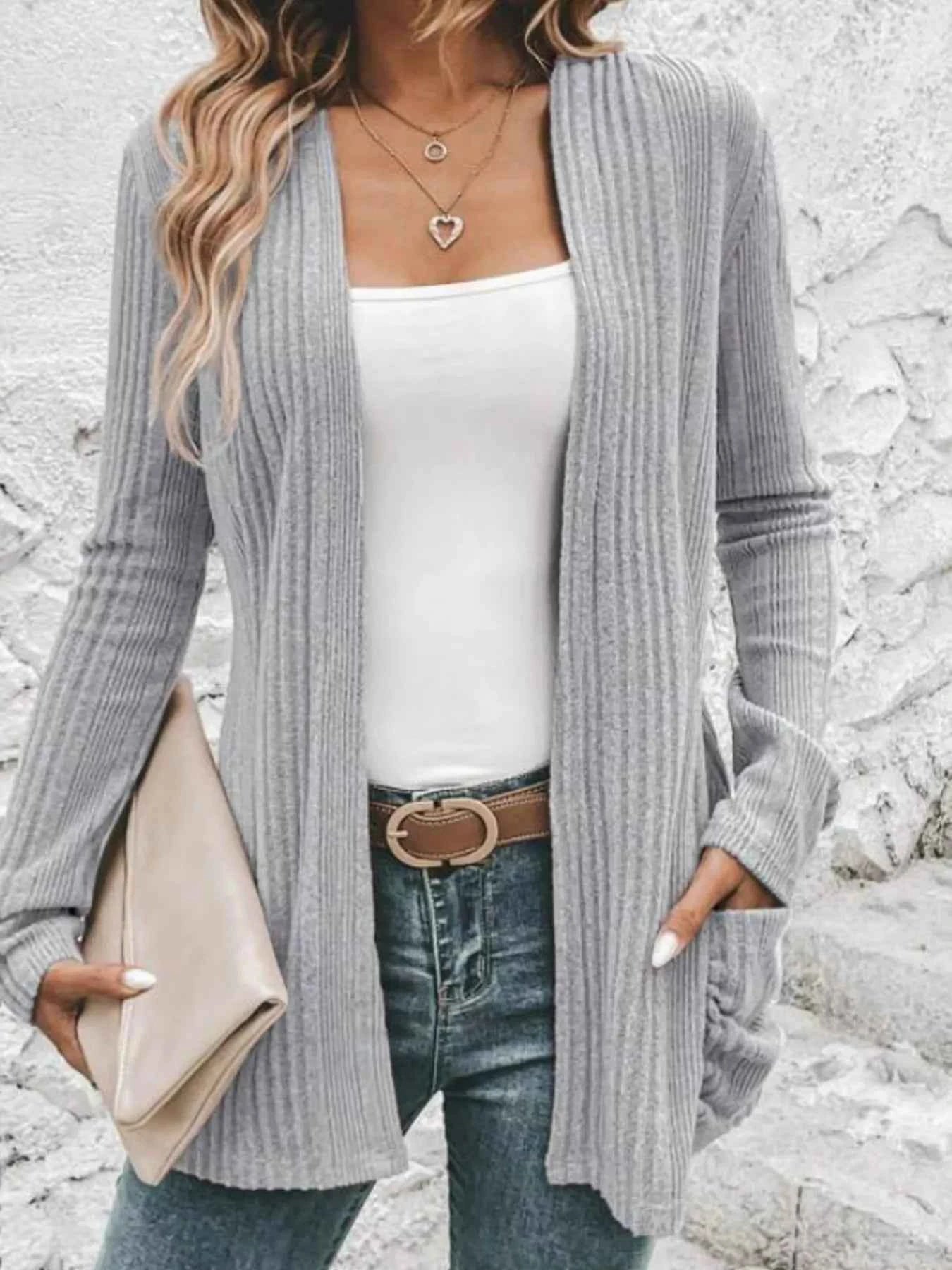 Ribbed Open Front Long Cardigan with Pockets Gray 808c6d4f7d1147af9a6ceccbb3bf71ea-Max-Origin
