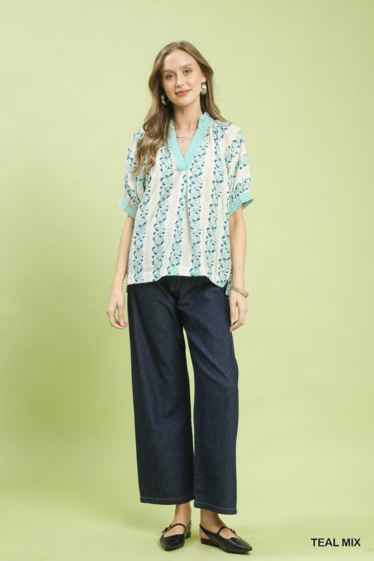 Mix Print Boho Blouse with Contrast Trim 808e094e-0607-4204-a009-9e93bd154c76-Max