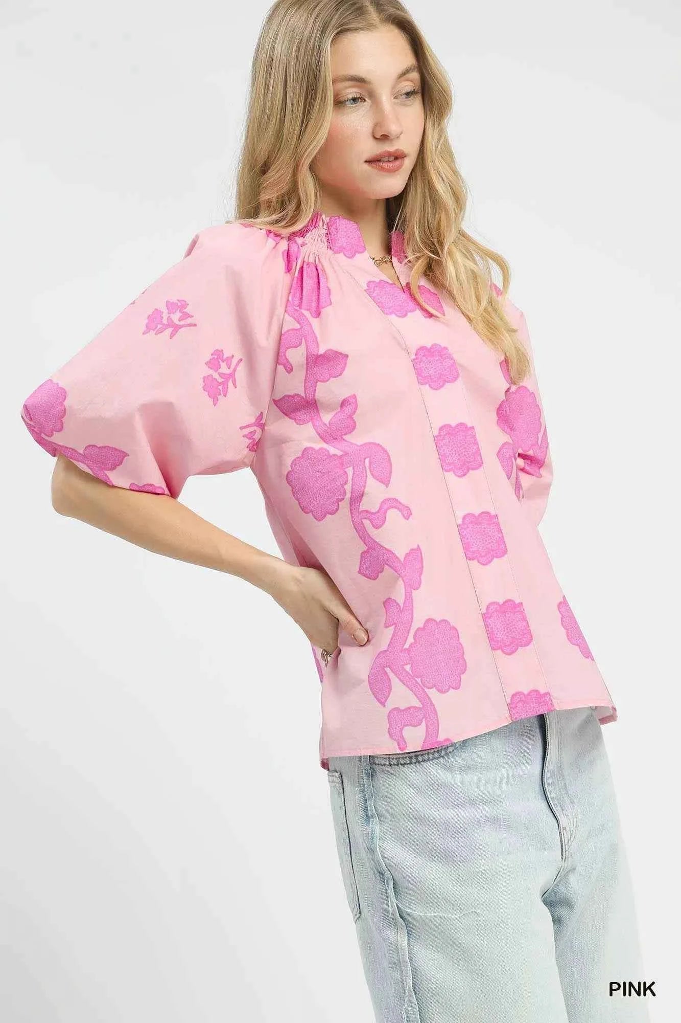 Umgee Floral Smocked Notched Puff Sleeve Blouse 808e3ffa-a57f-49b7-b422-545c7d8b8052-Max-Origin