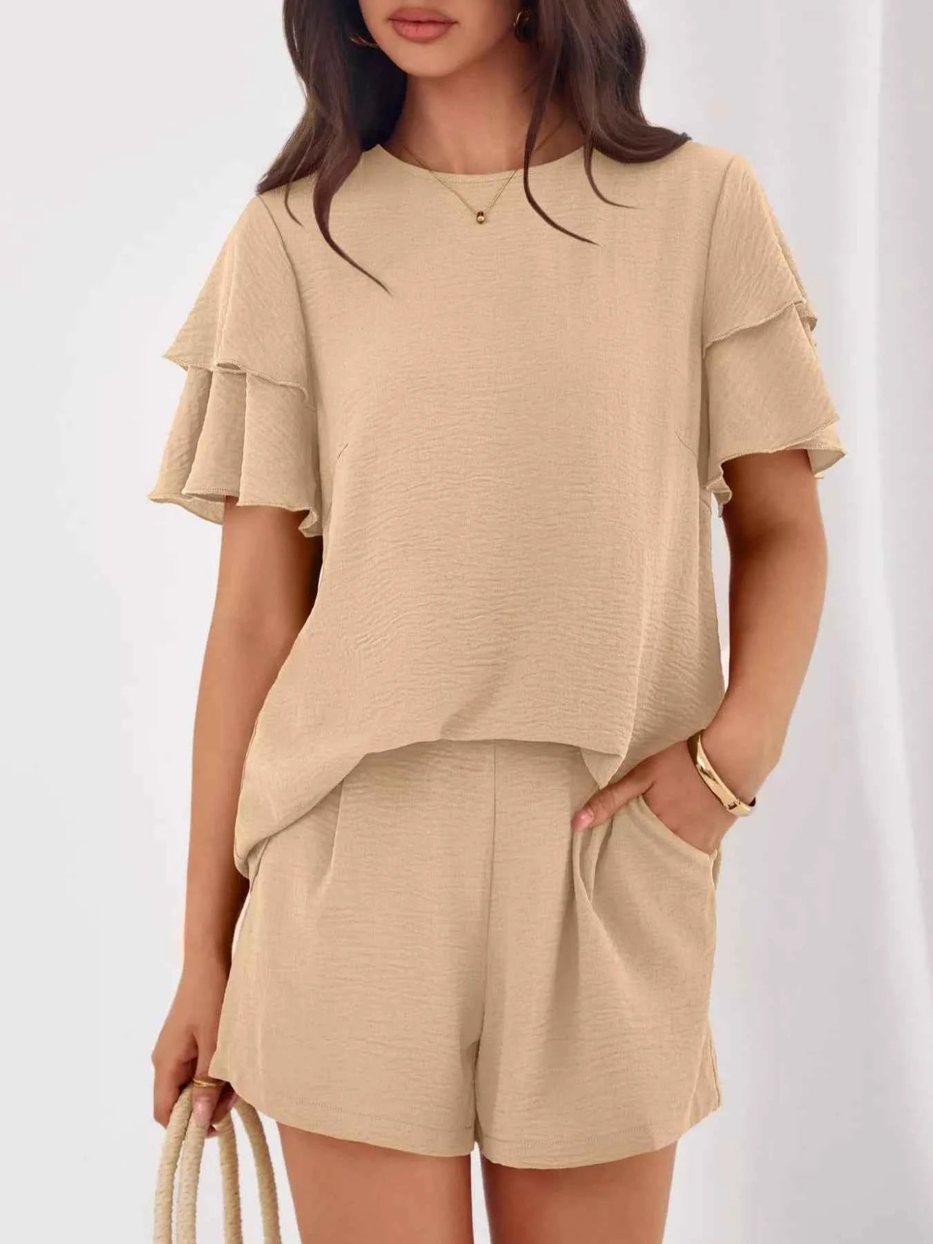 Ruffle Sleeve Top and Shorts Two-Piece Set 8090283a-43f1-4e17-93f8-b90a7a2dded5-Max-Origin