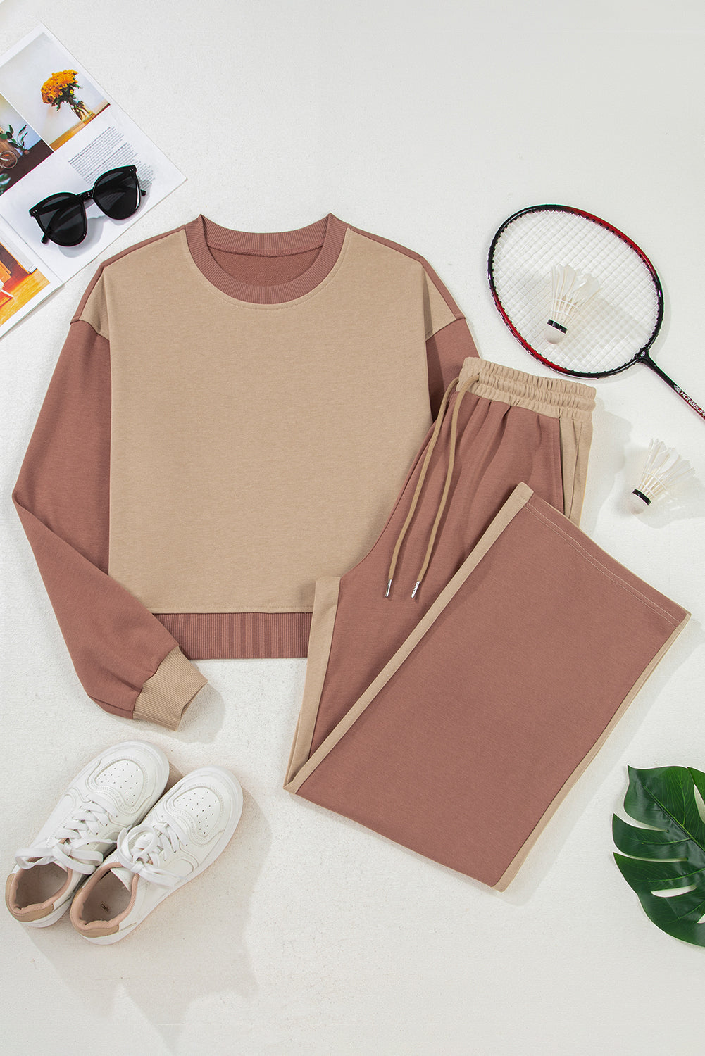 Khaki Color Block Long Sleeve Crop Top Drawstring Pant Set 8092a78a4fd0af6e