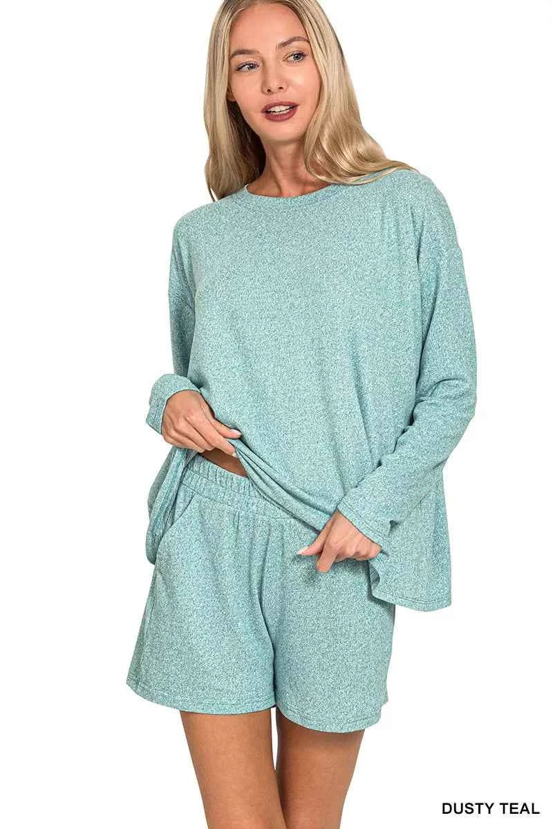 Zenana Soft Melange Long Sleeve Tee and Shorts Set DUSTY TEAL 8097381427dd46b7855dbf283513d638-Max-Origin