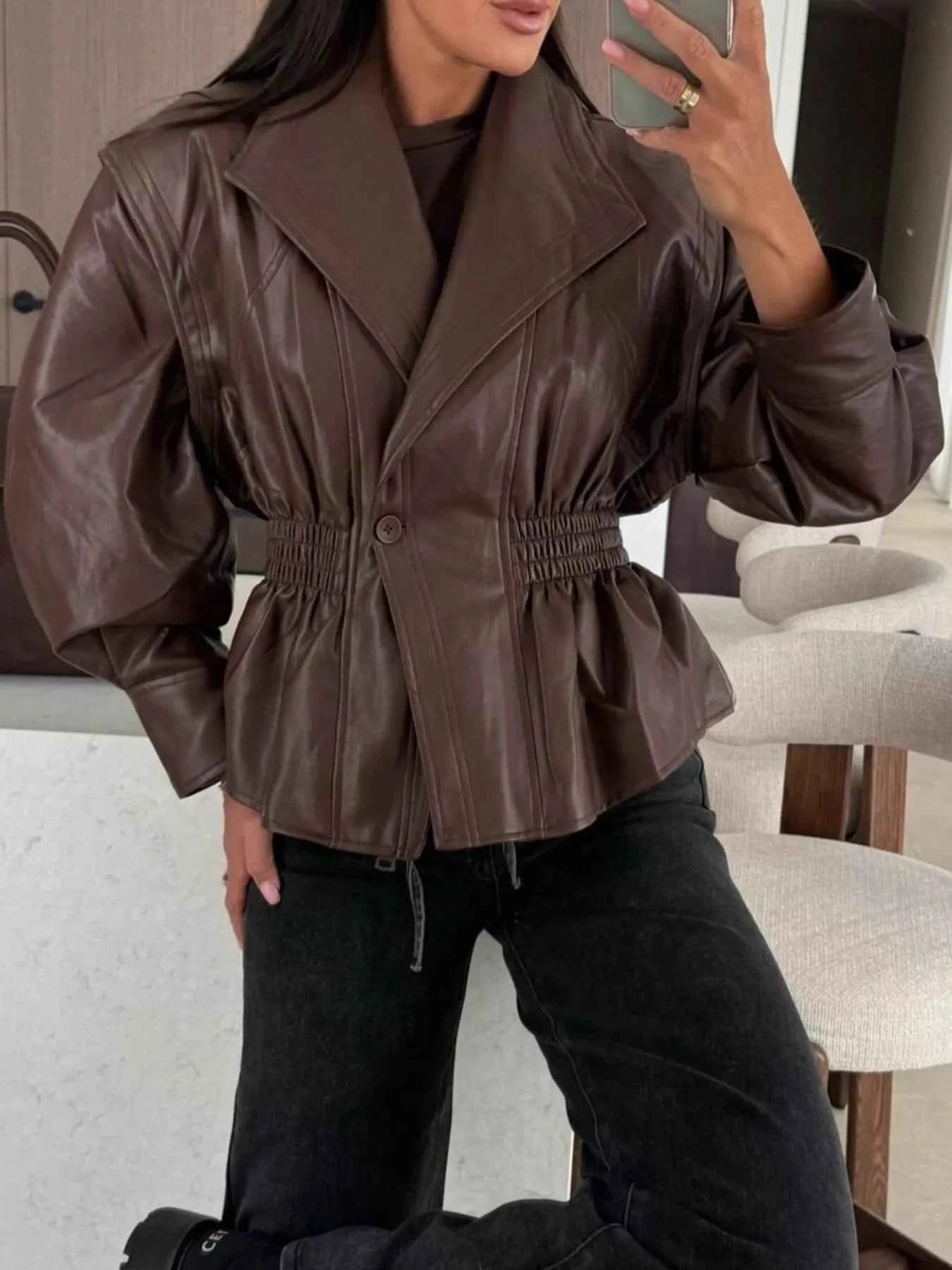 Peplum Waist Leather Jacket Brown 8097e0c5-495c-4a73-8340-5ca397244ee6-Max-Origin