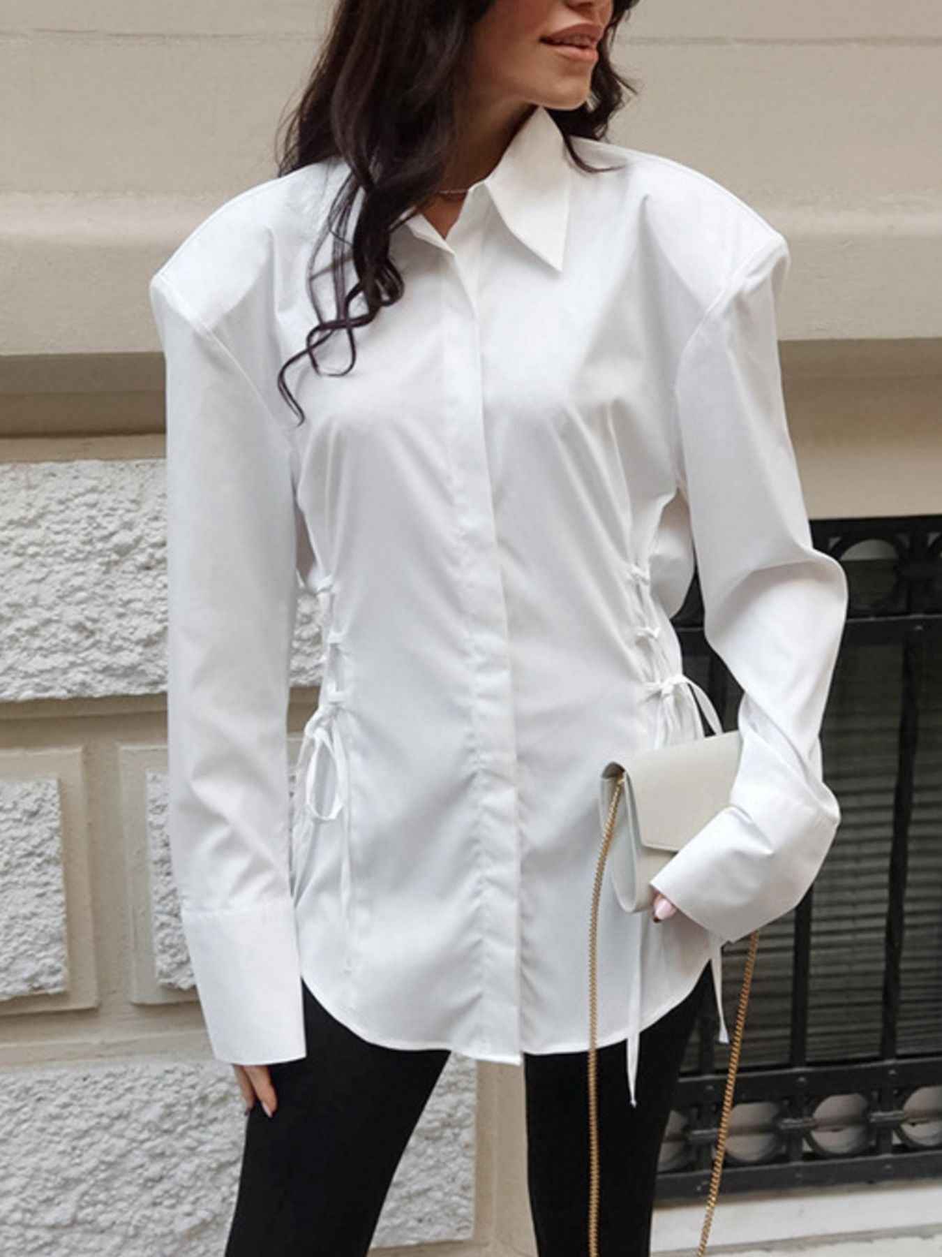 Side Lace Up Button Up Shirt White 80989fb9-8ec5-45c0-891e-fe315111f5f5-Max