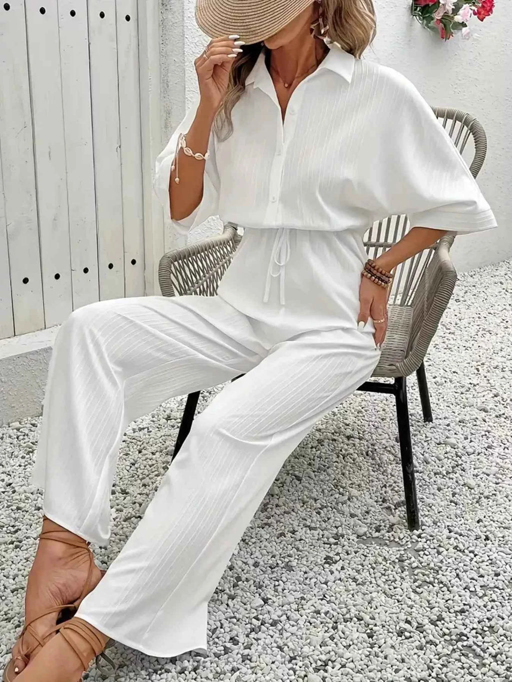 Button Front Half Sleeve Wide Leg Jumpsuit White 8099c9b34ee04f67b99a4ba62f703cc8-Max-Origin