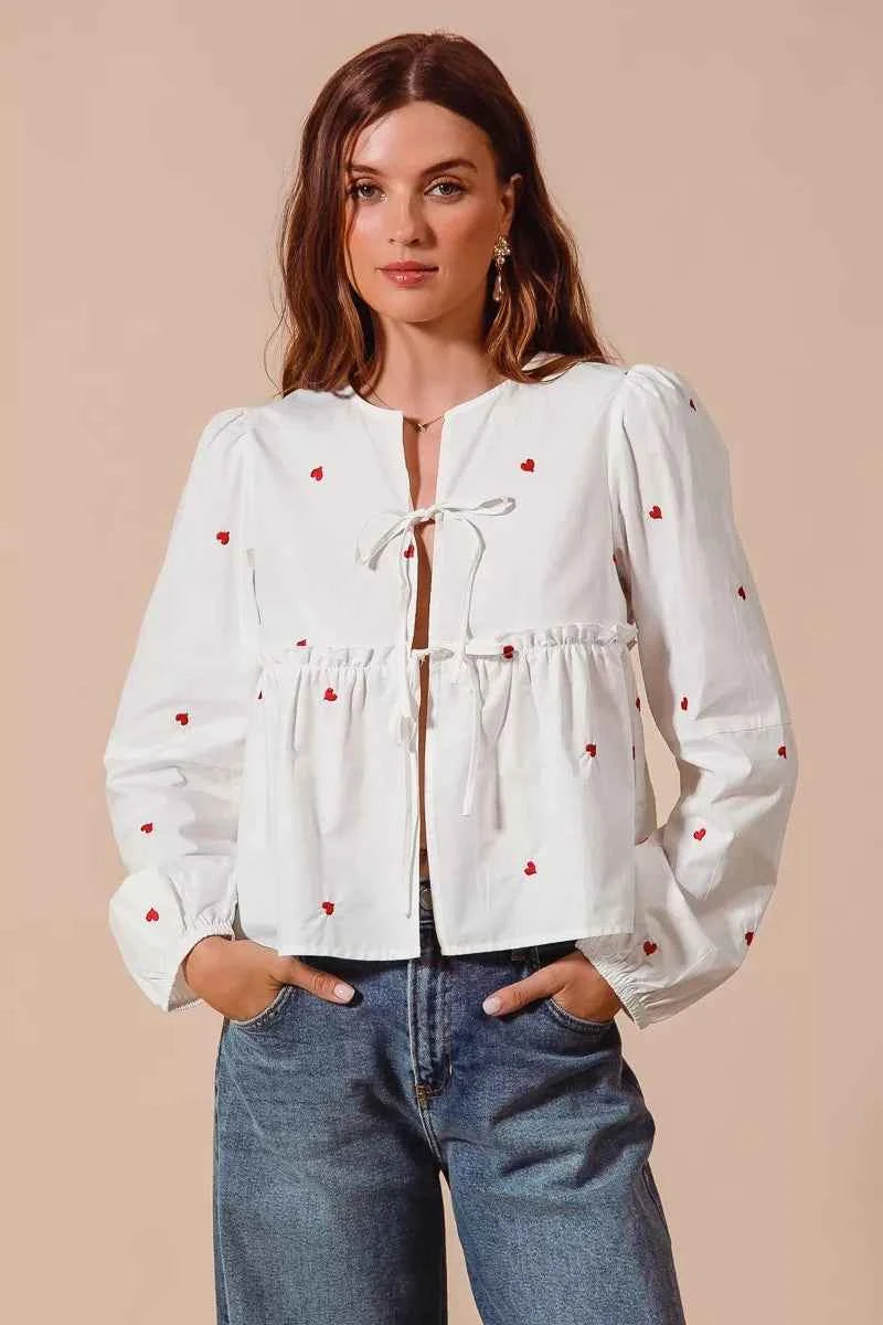 SO ME Front Tie Heart Embroidered Blouse With Puff Sleeve 80a039c8778647e287ad318586c2e106-Max-Origin