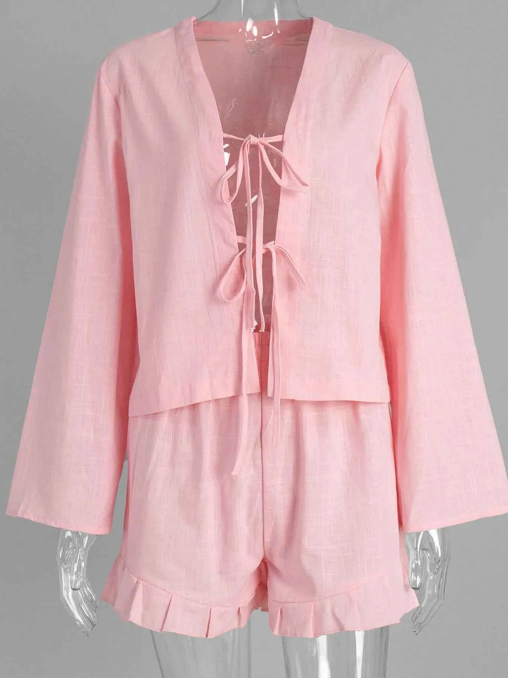 Tie Front Long Sleeve Top and Shorts Set 80a3ed9c-9115-475c-9e5f-ec111fd53713-Max-Origin
