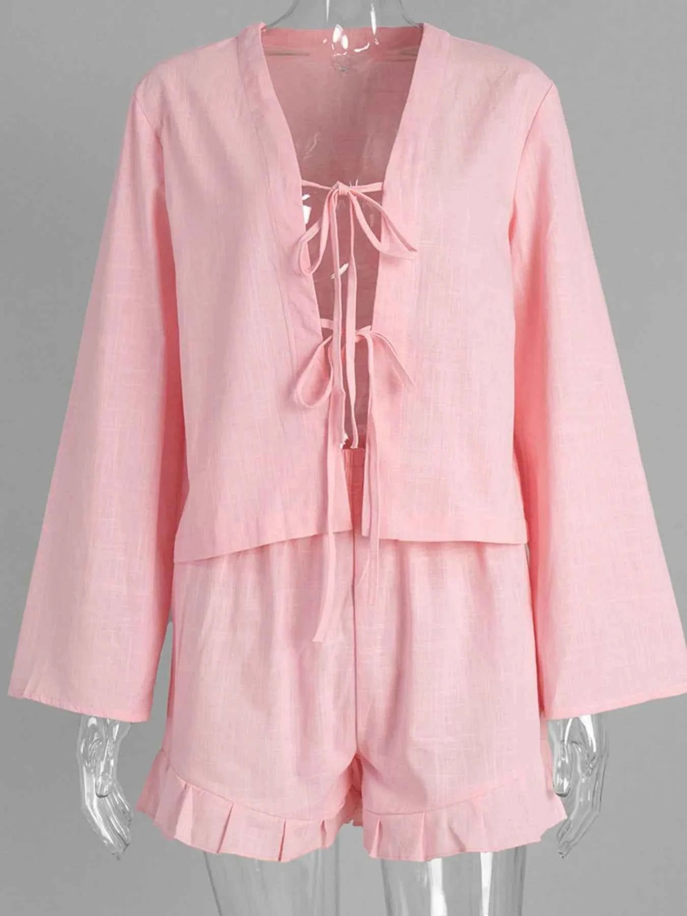 Tie Front Long Sleeve Top and Shorts Set 80a3ed9c-9115-475c-9e5f-ec111fd53713-Max-Origin